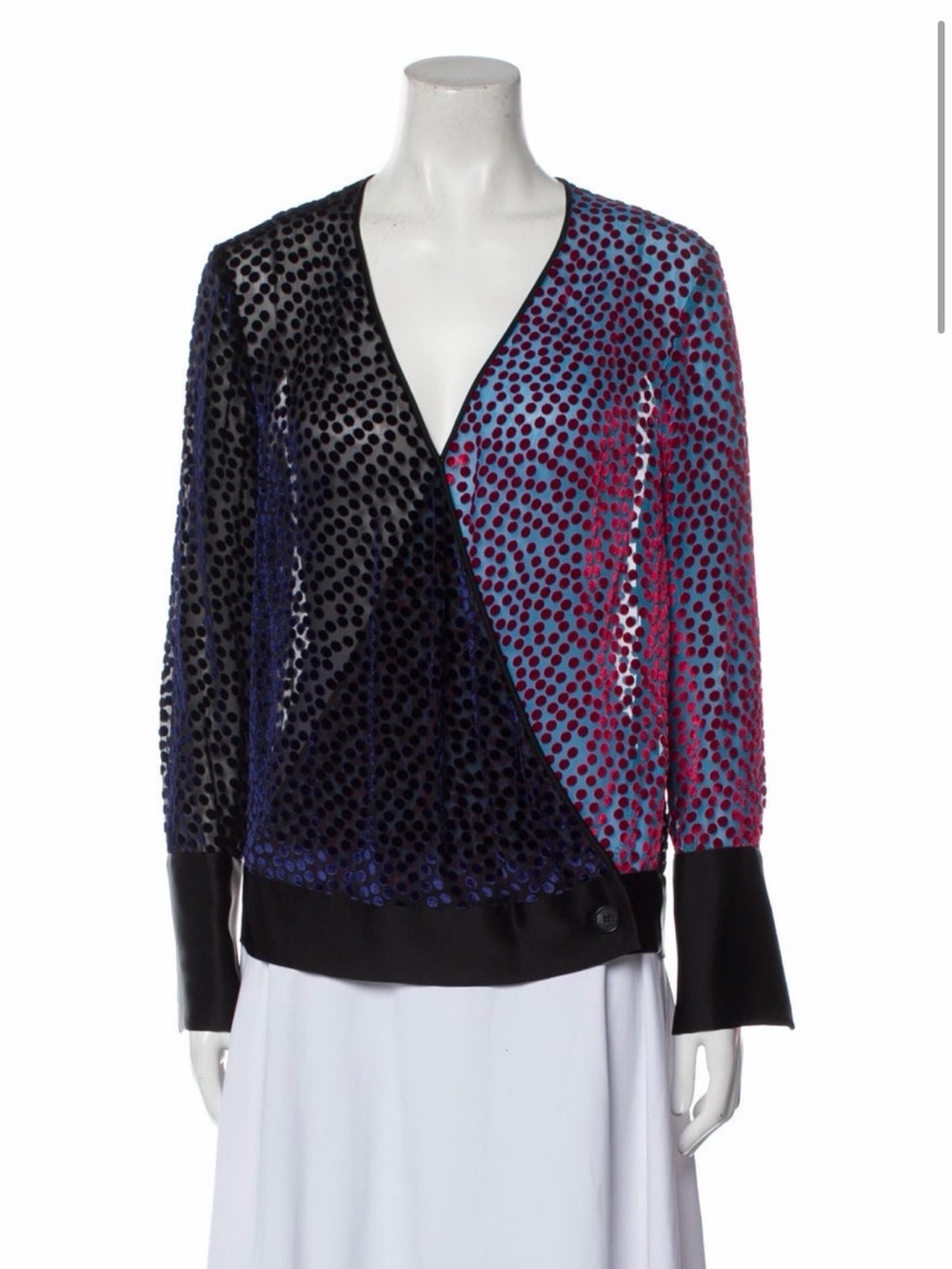 Diane Von Furstenberg Two-Tone Sheer Blouse in Blue and Black with Magenta Dots